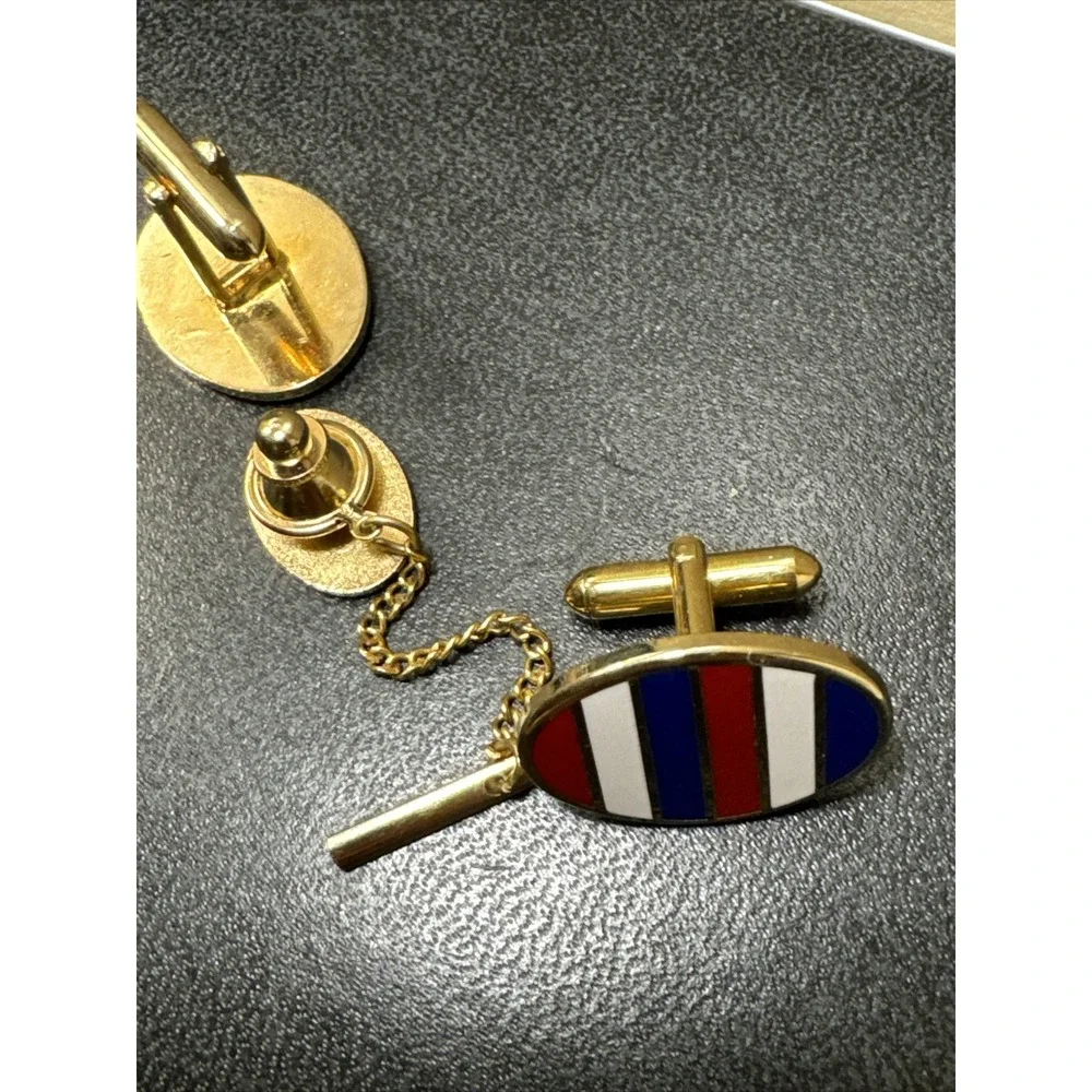 Vintage Red White And Blue Striped Oval Cufflinks and Matching Tie Tac Unmarked